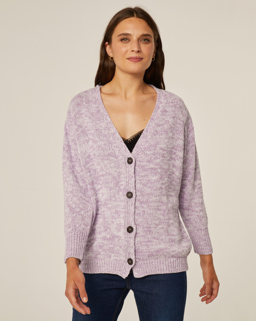 Knitted cardigan in lilac and white