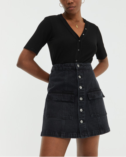 Short black denim flared skirt