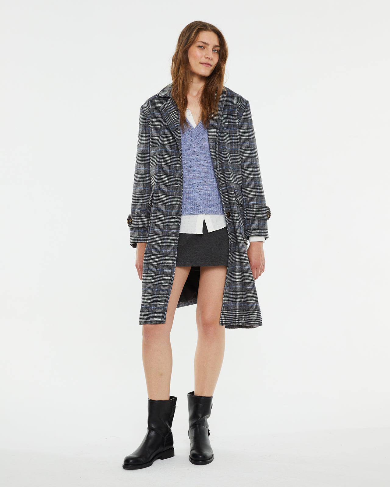 Checked midi coat with lapel collar