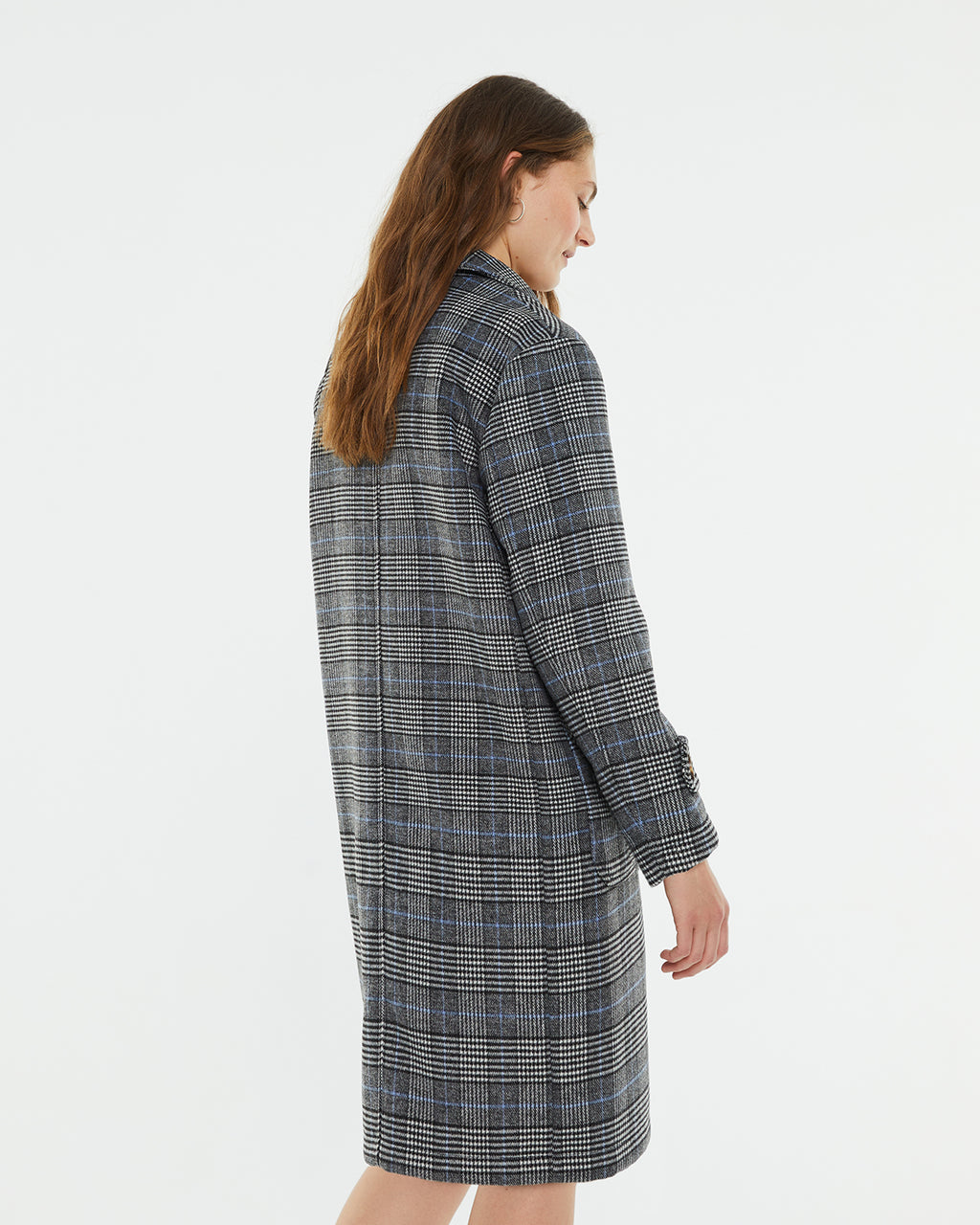 Checked midi coat with lapel collar