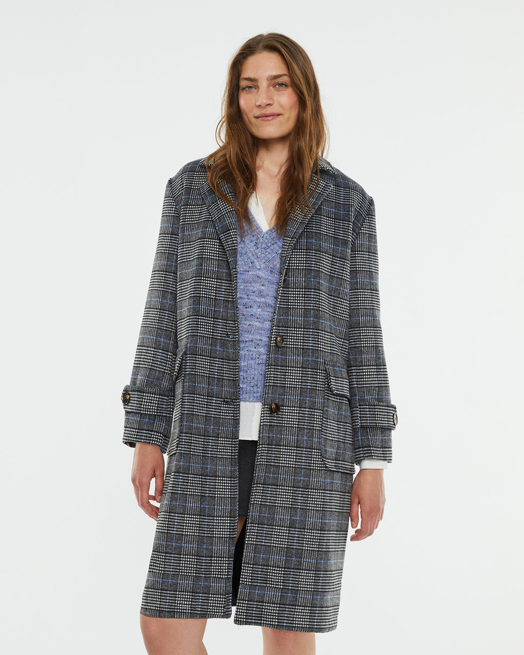 Checked midi coat with lapel collar