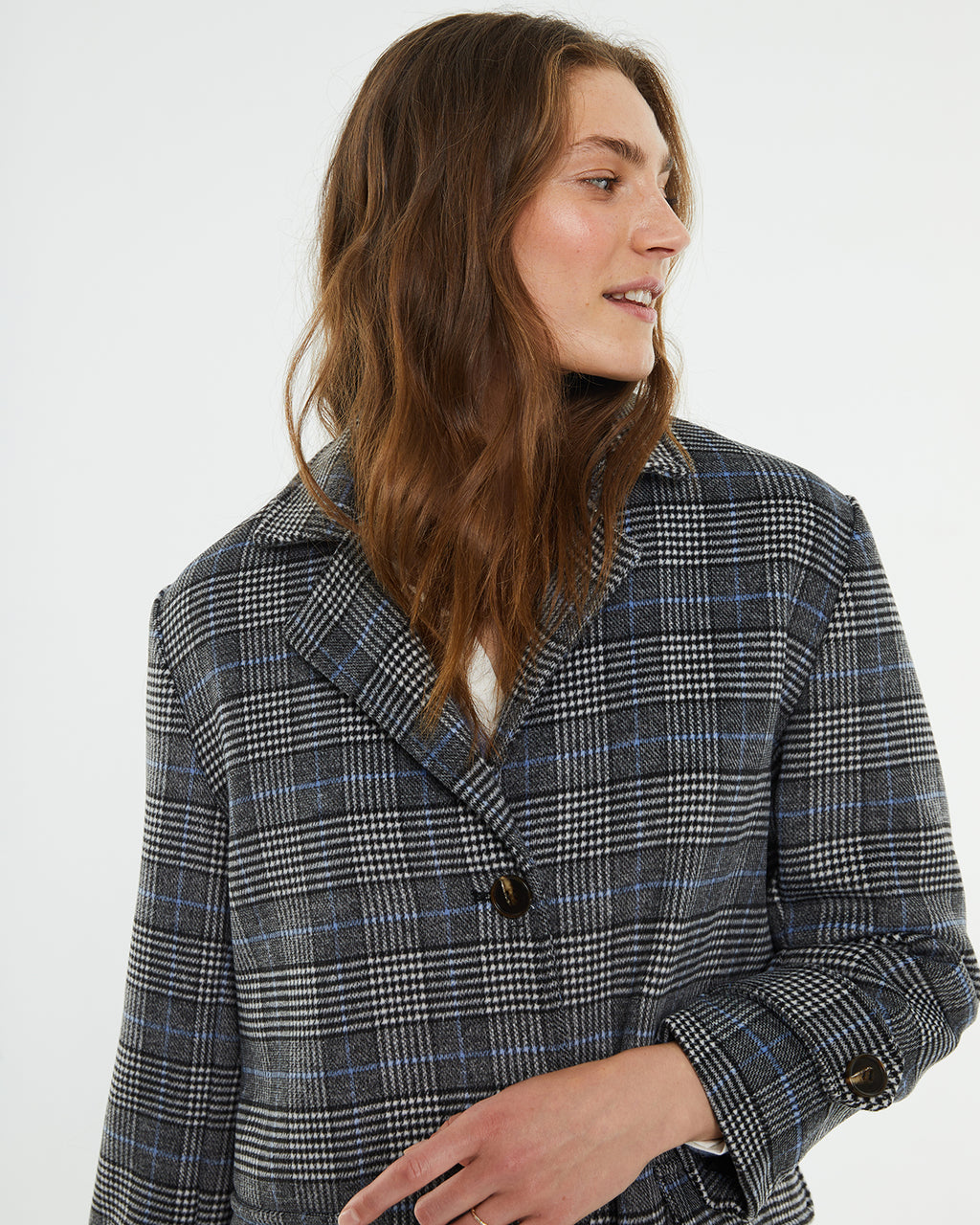 Checked midi coat with lapel collar