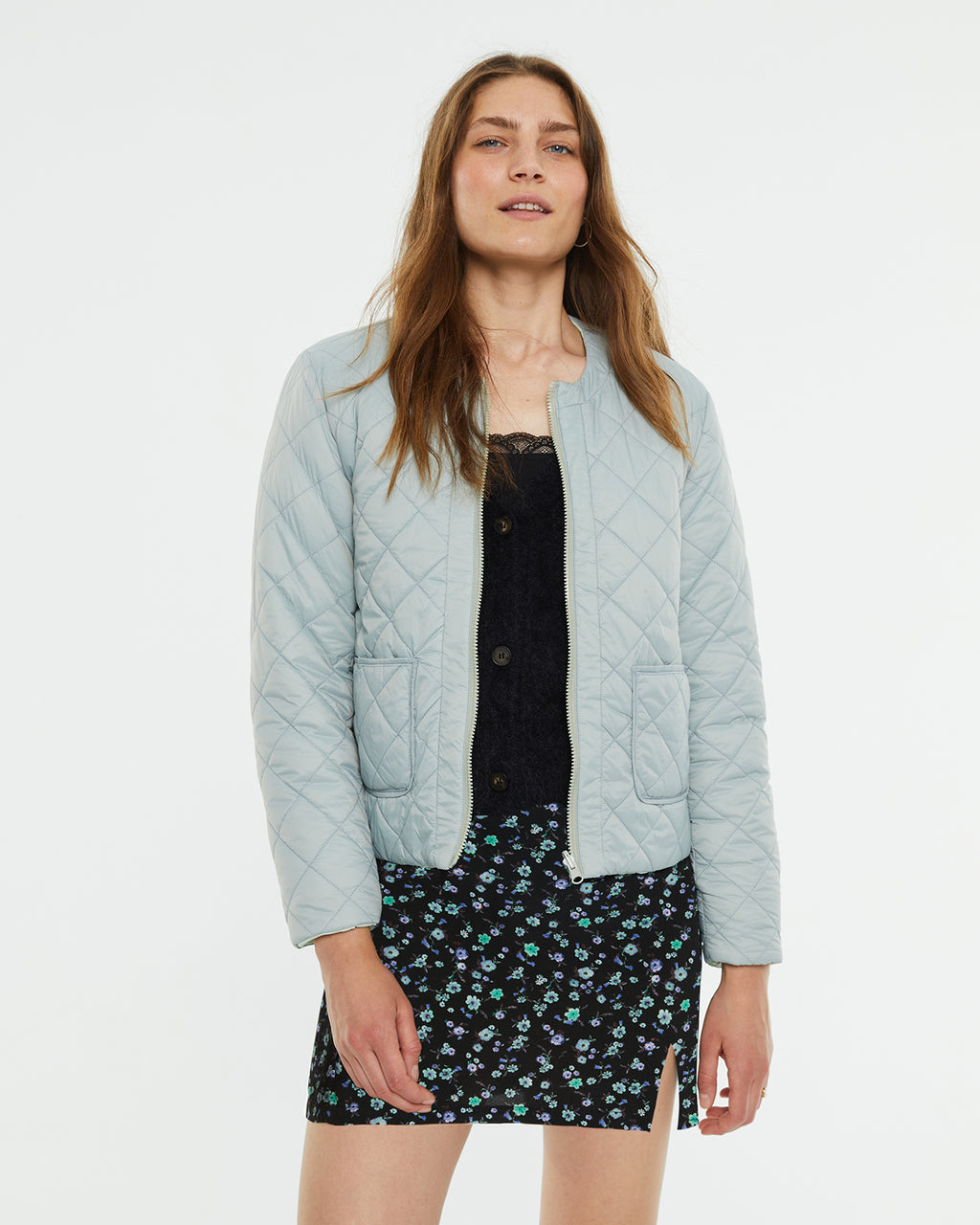 Grey and turquoise reversible short anorak