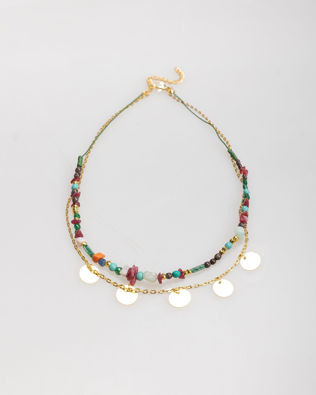 Double necklace with gold and multicolour beads