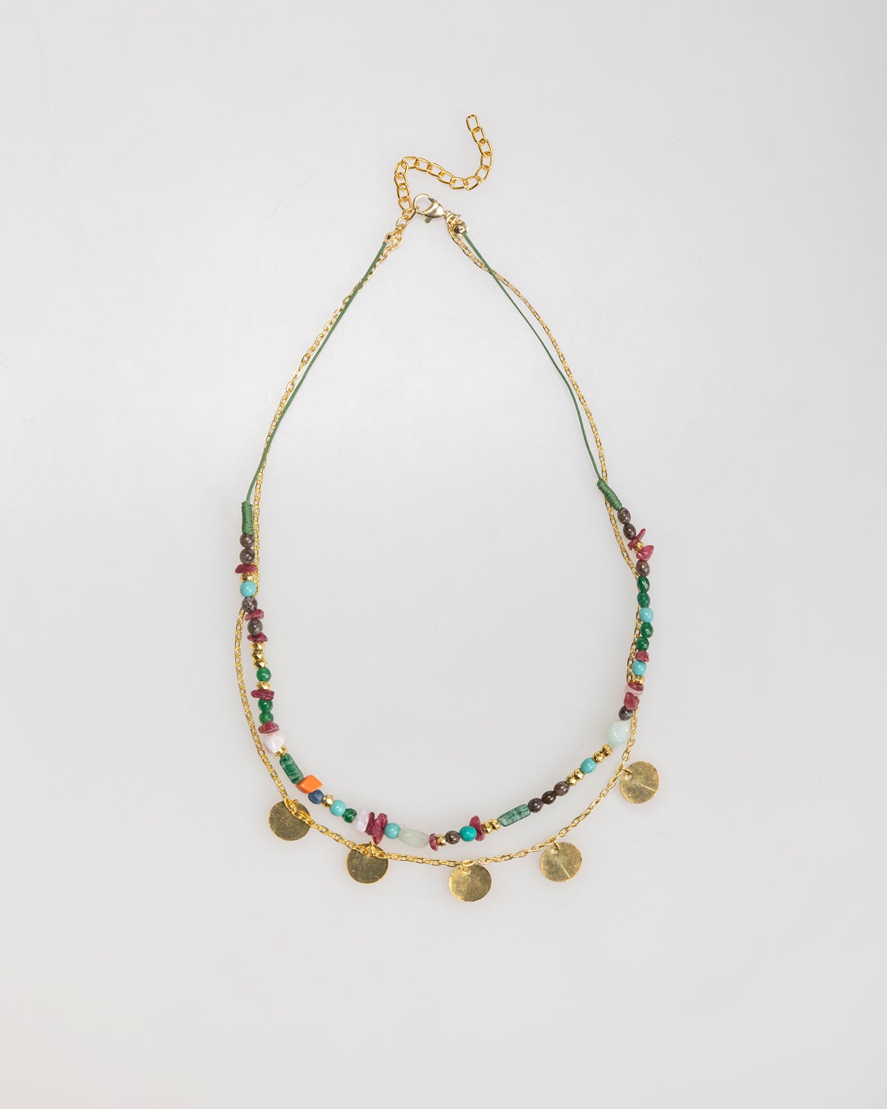 Double necklace with gold and multicolour beads