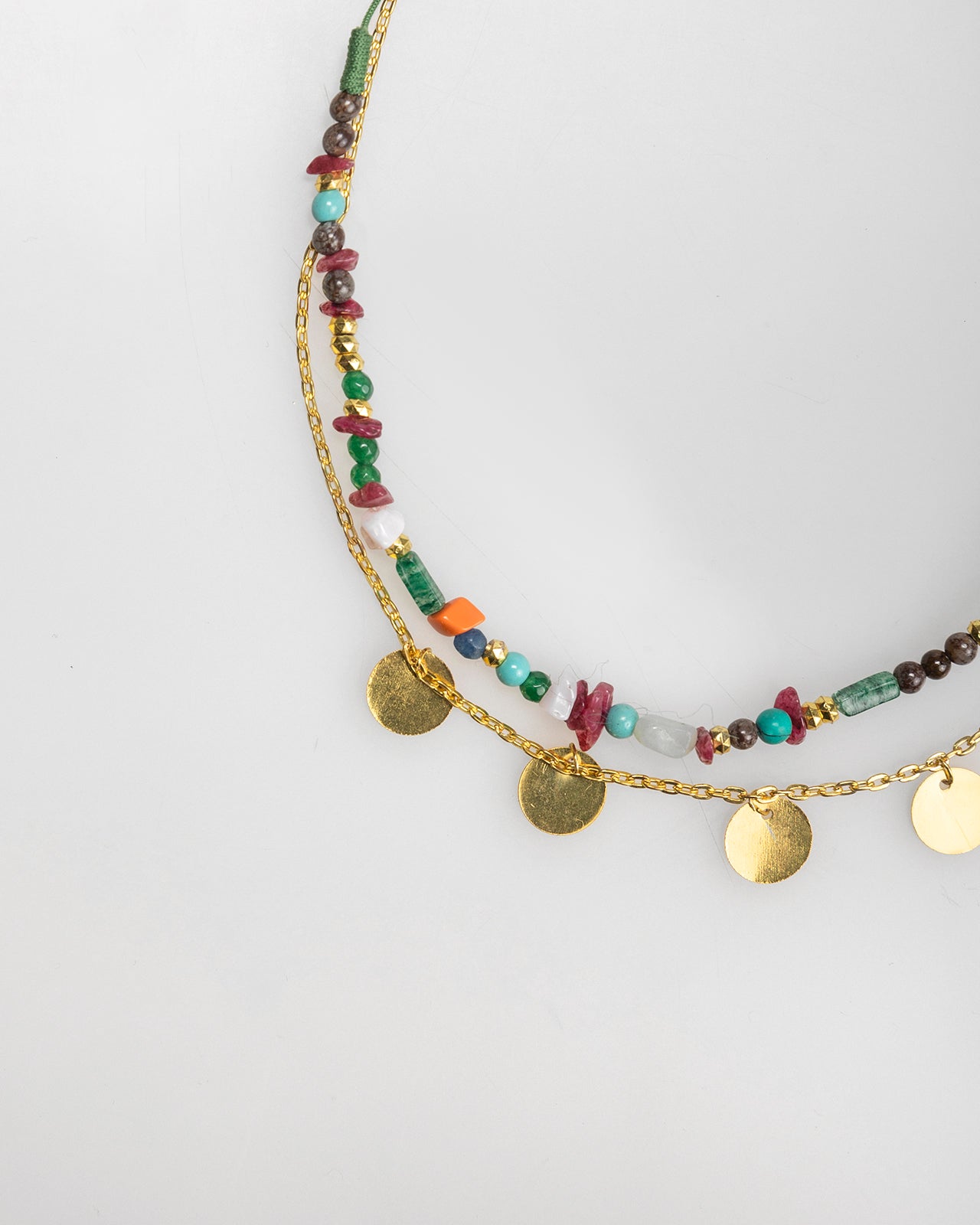 Double necklace with gold and multicolour beads