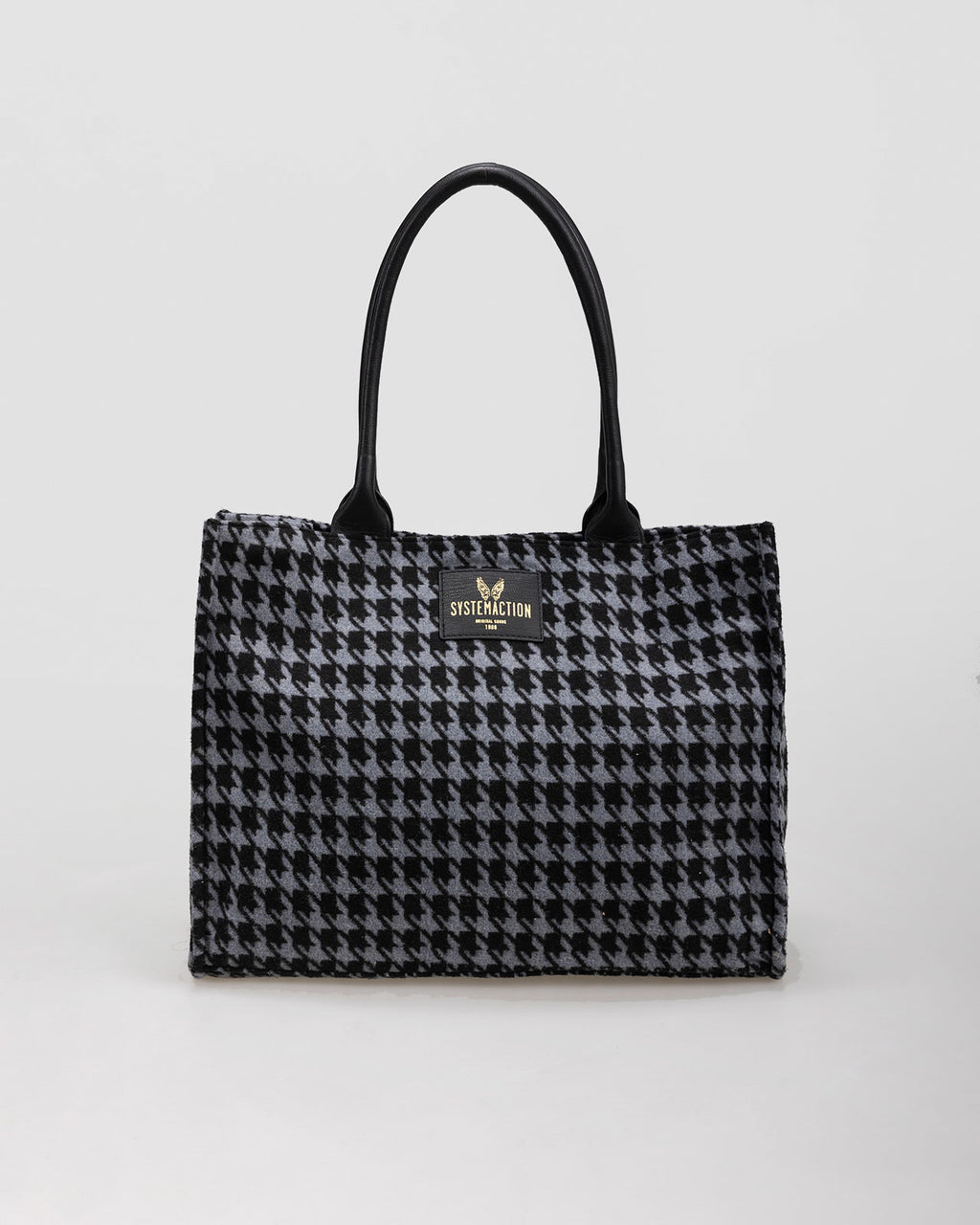 Houndstooth shopper bag with leather shoulder straps