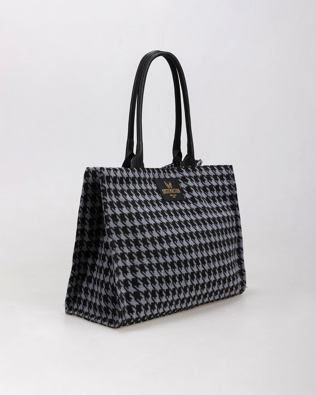 Houndstooth shopper bag with leather shoulder straps