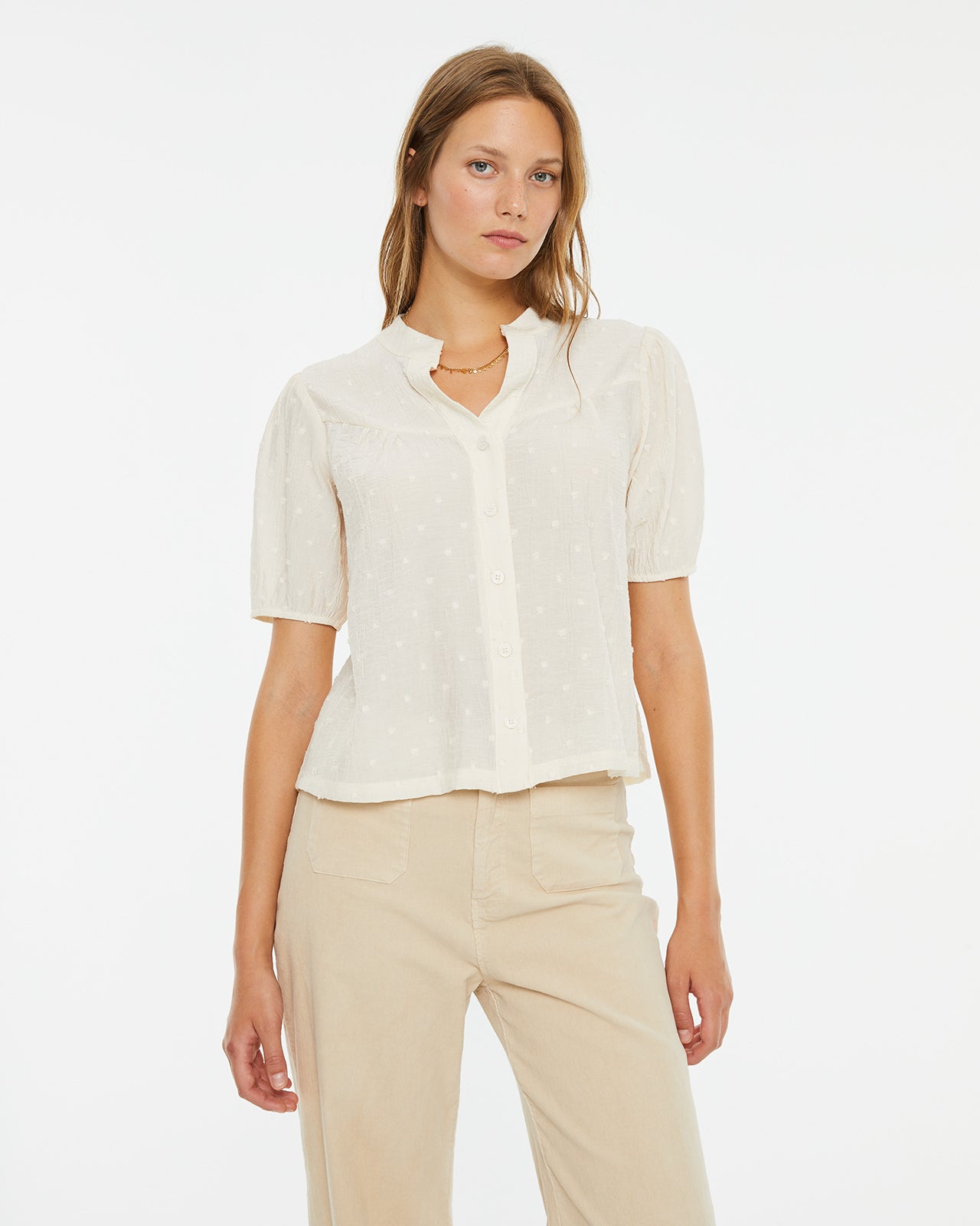 Short sleeve blouse with gathers