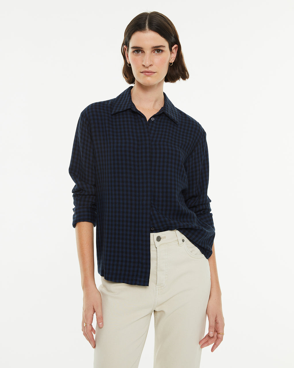 Straight long-sleeved checked shirt