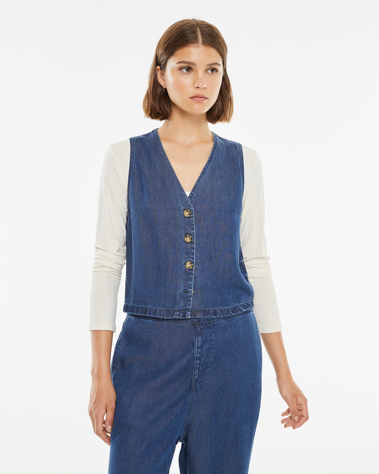 Denim effect vest with button closure