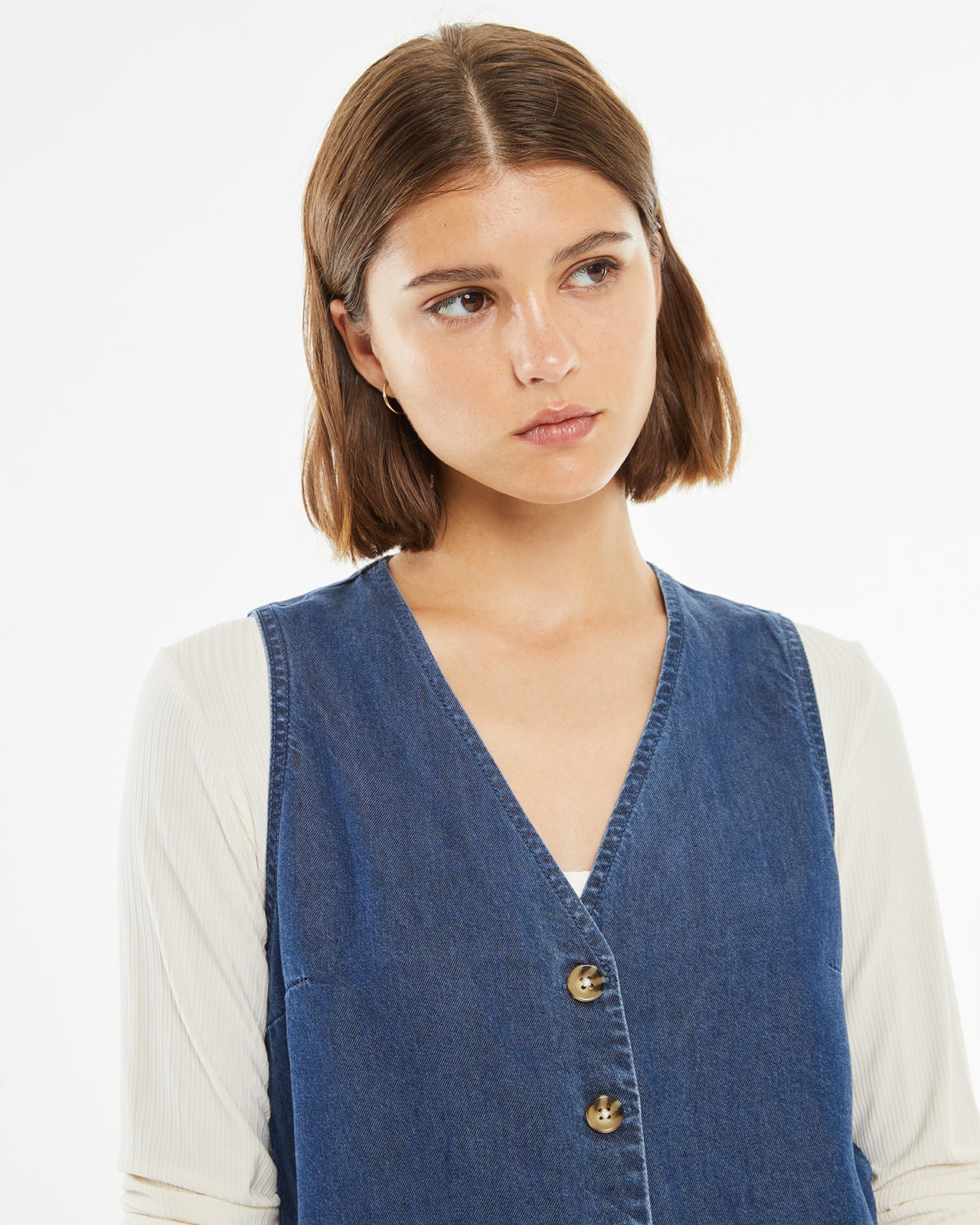 Denim effect vest with button closure