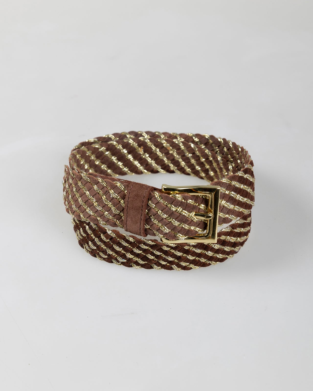 Braided leather belt with metal buckle