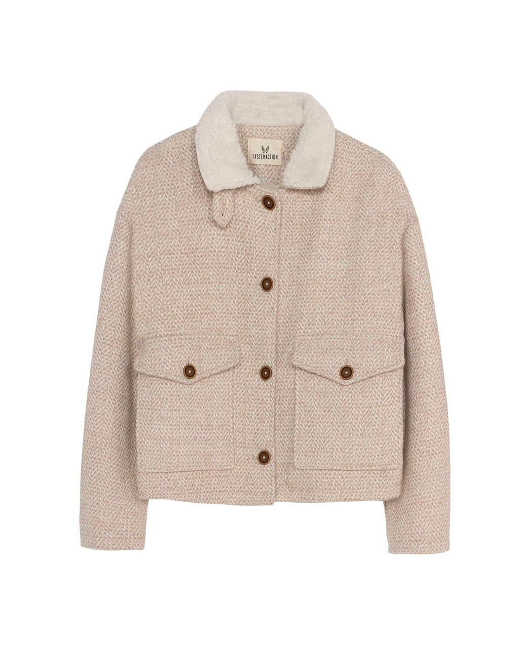 Short jacket with button closure and sheepskin lining