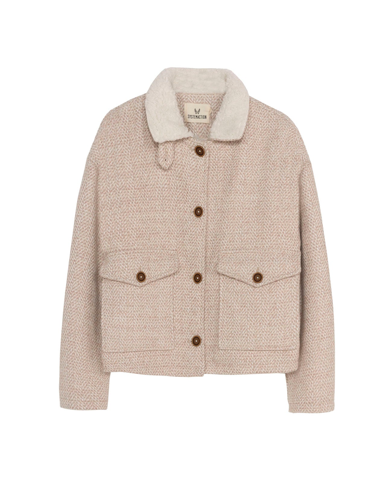 Short jacket with button closure and sheepskin lining