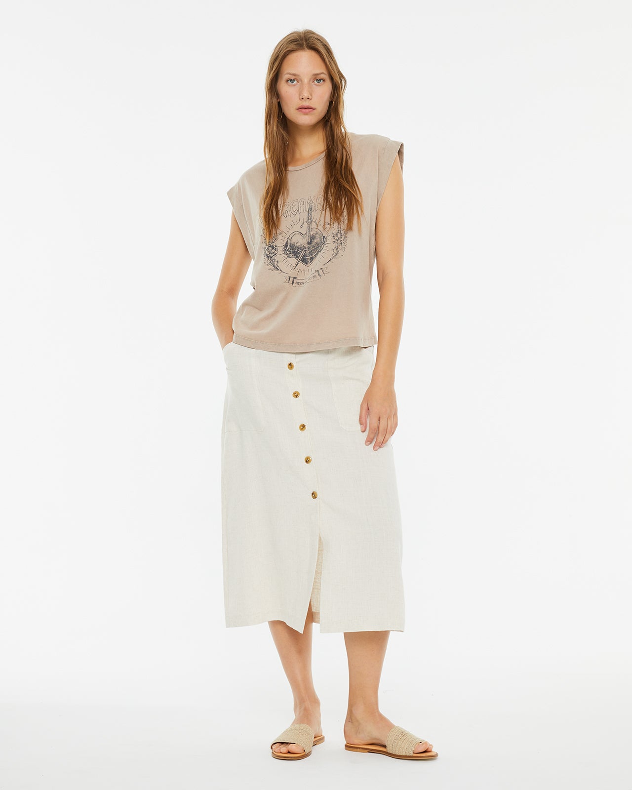 Midi skirt with linen-effect buttons