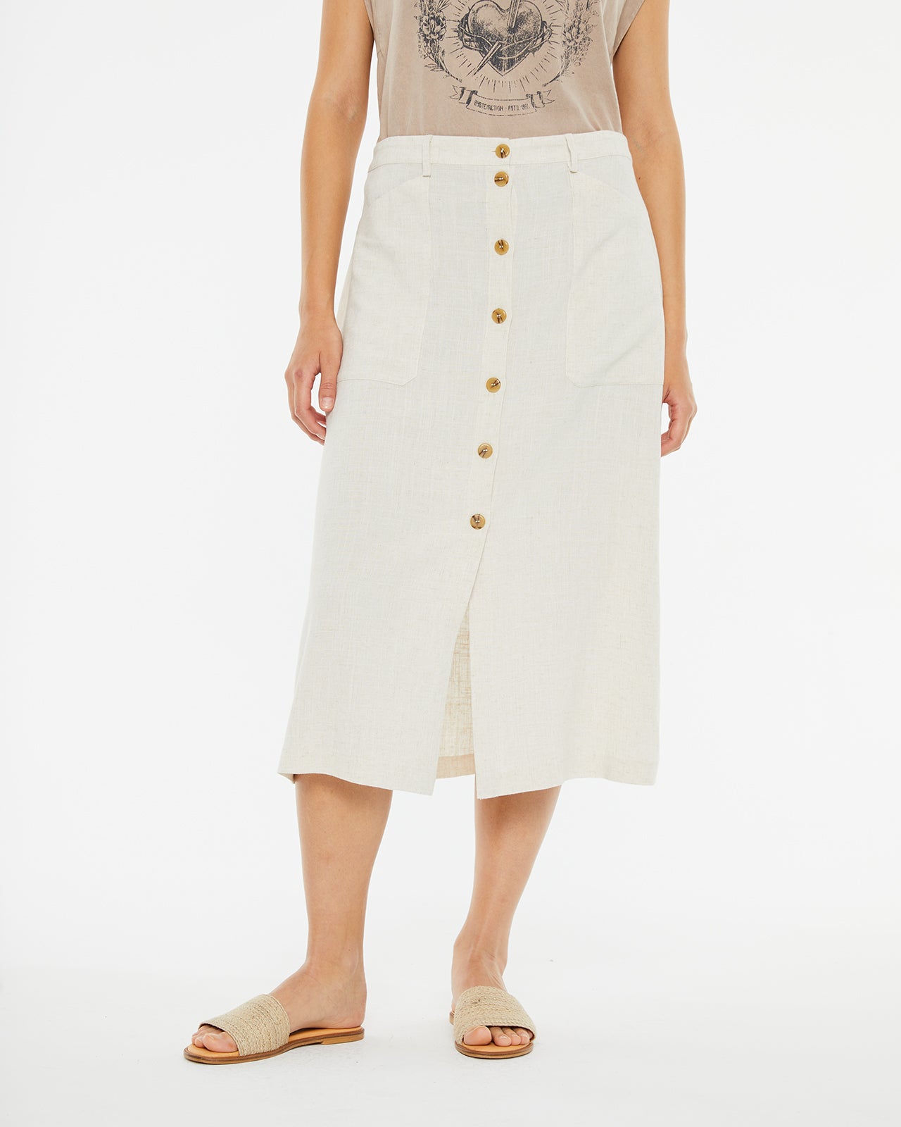 Midi skirt with linen-effect buttons