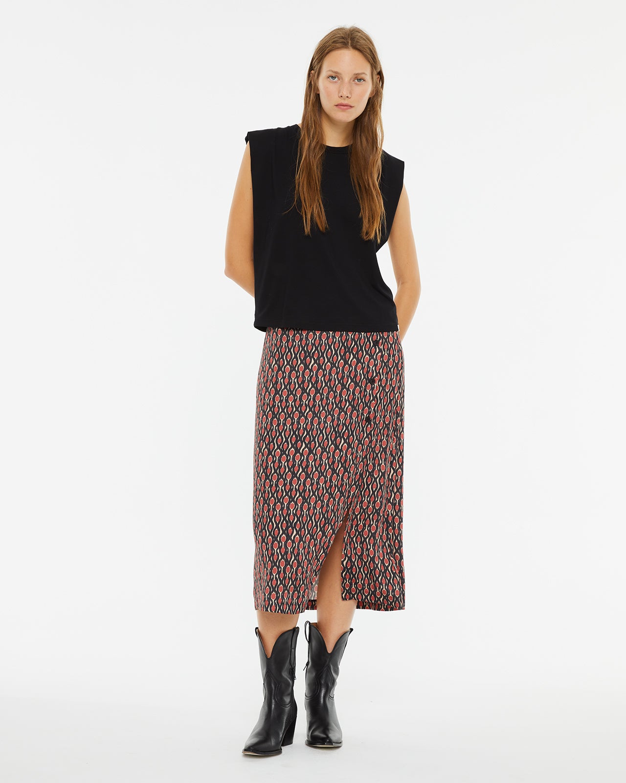 Geometric print midi skirt with side buttons