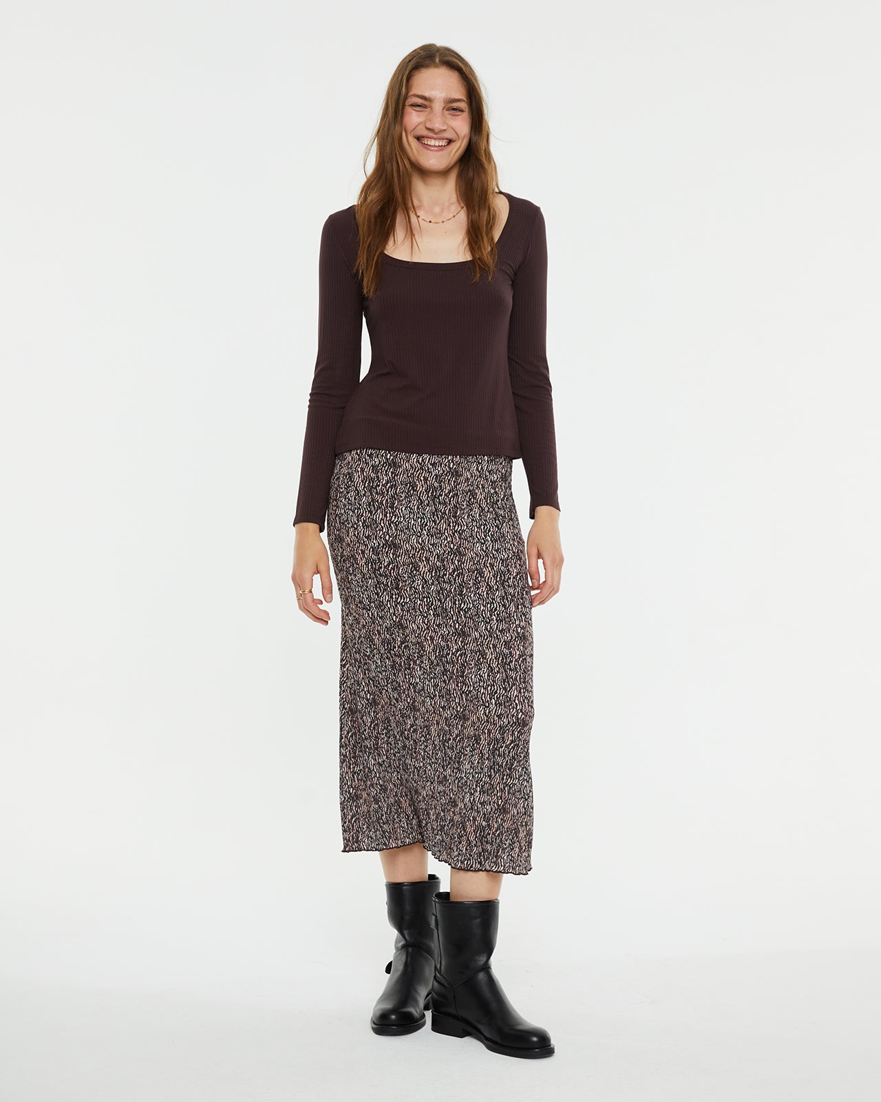 Printed pleated midi skirt