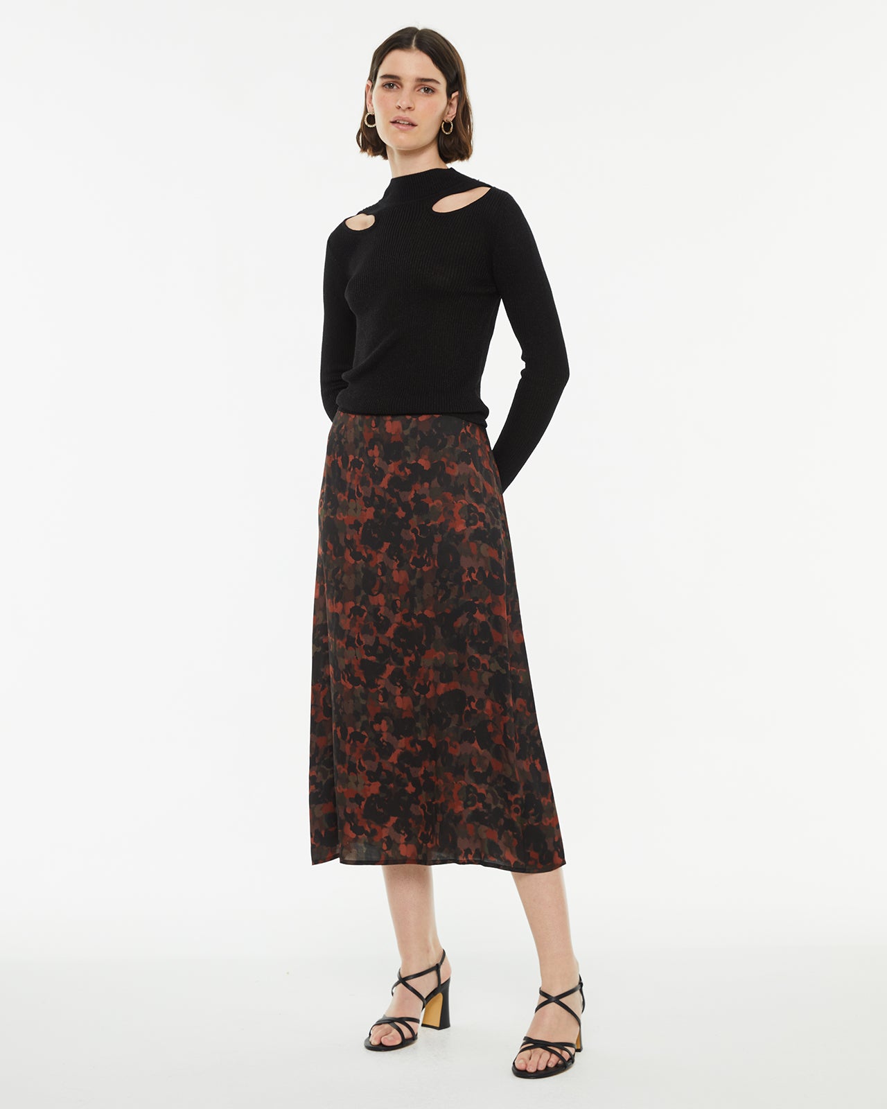 Printed flared midi skirt with invisible zipper