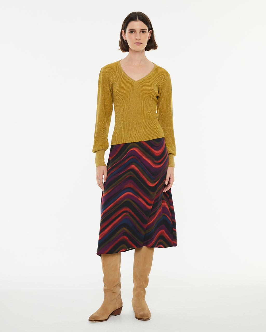 Multicolor wave print midi skirt