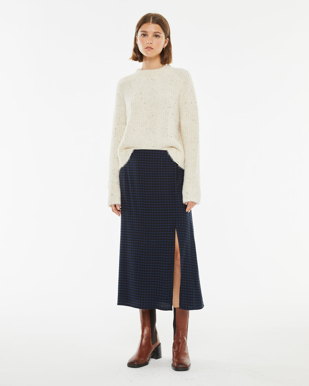 Checkered midi skirt with side seam detail and buttons