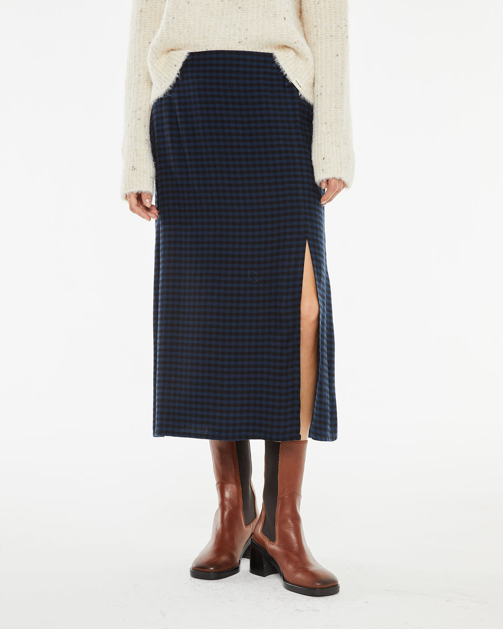 Checkered midi skirt with side seam detail and buttons