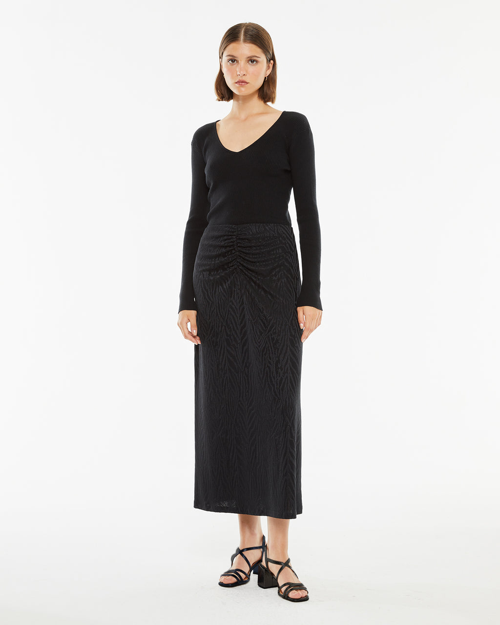 Jacquard fitted midi skirt with gathered waist