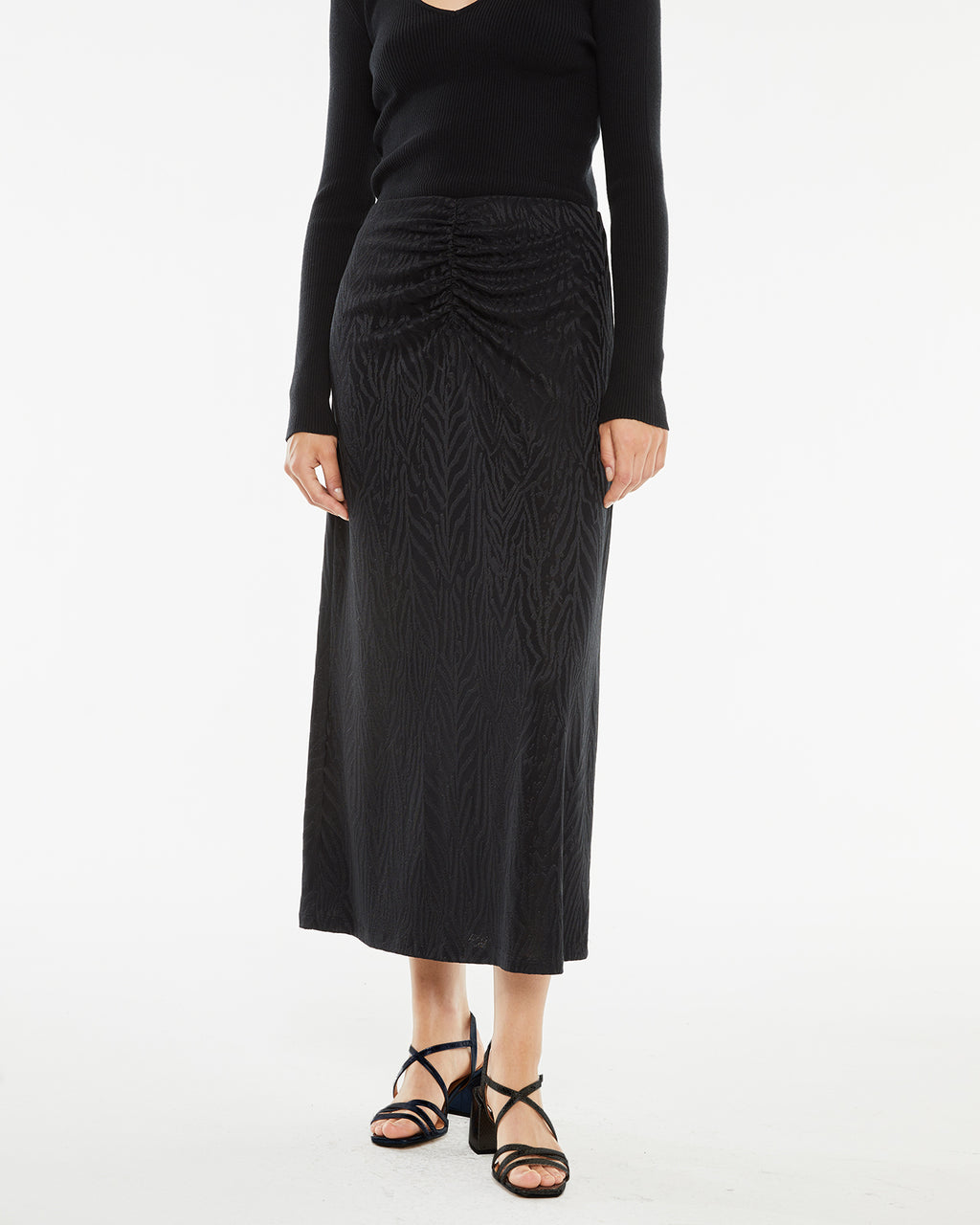 Jacquard fitted midi skirt with gathered waist