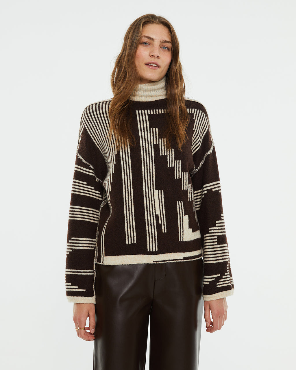 Reversible geometric jacquard turtleneck sweater