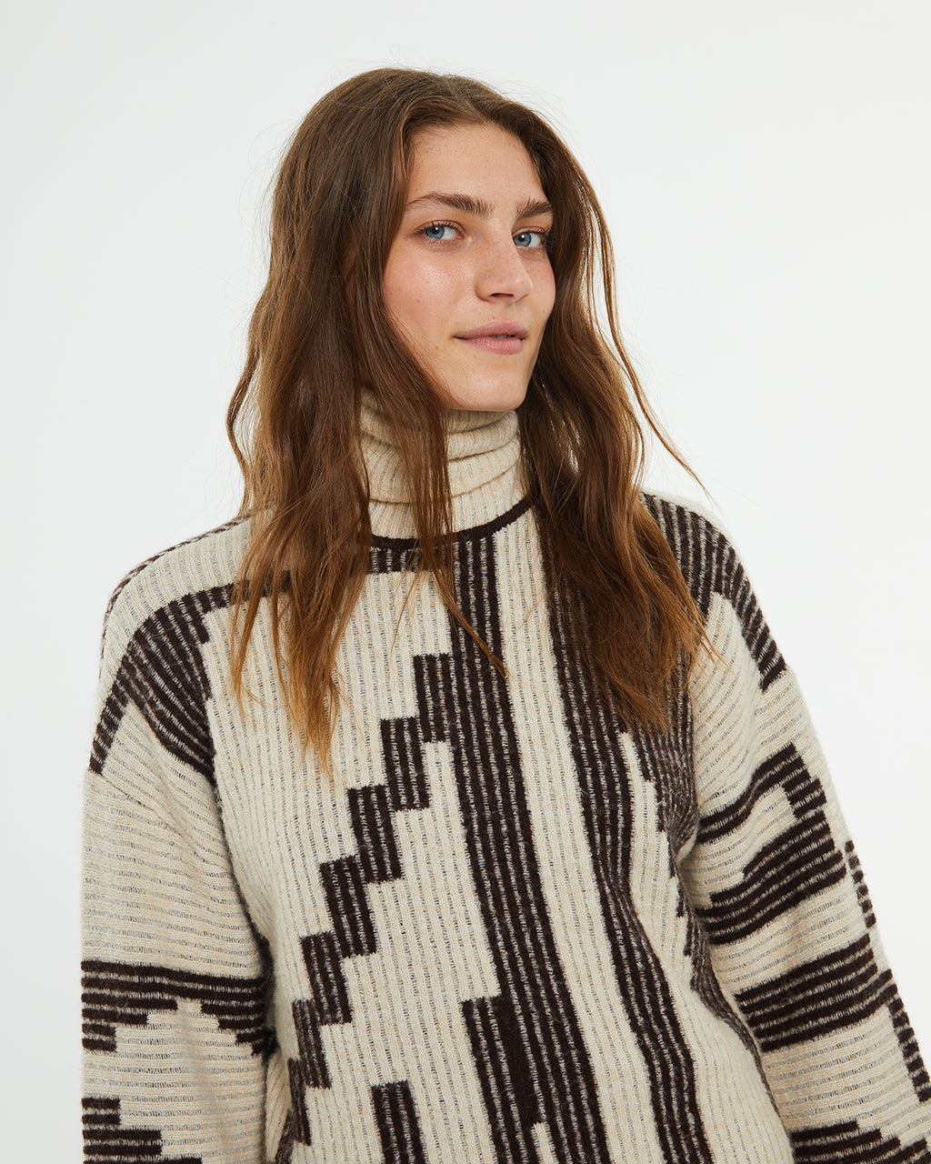 Reversible geometric jacquard turtleneck sweater