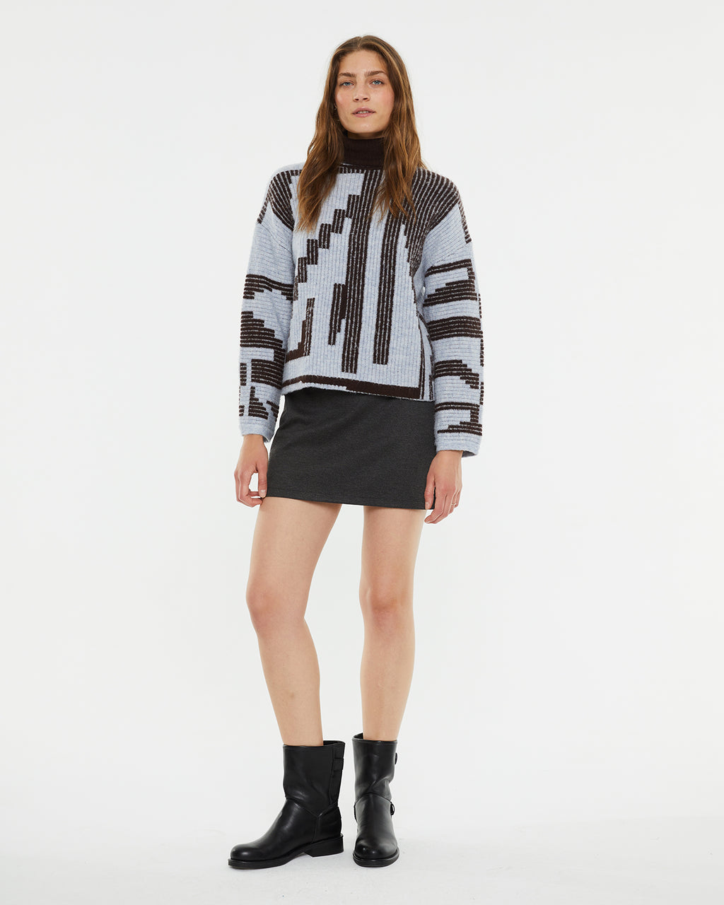 Reversible geometric jacquard turtleneck sweater