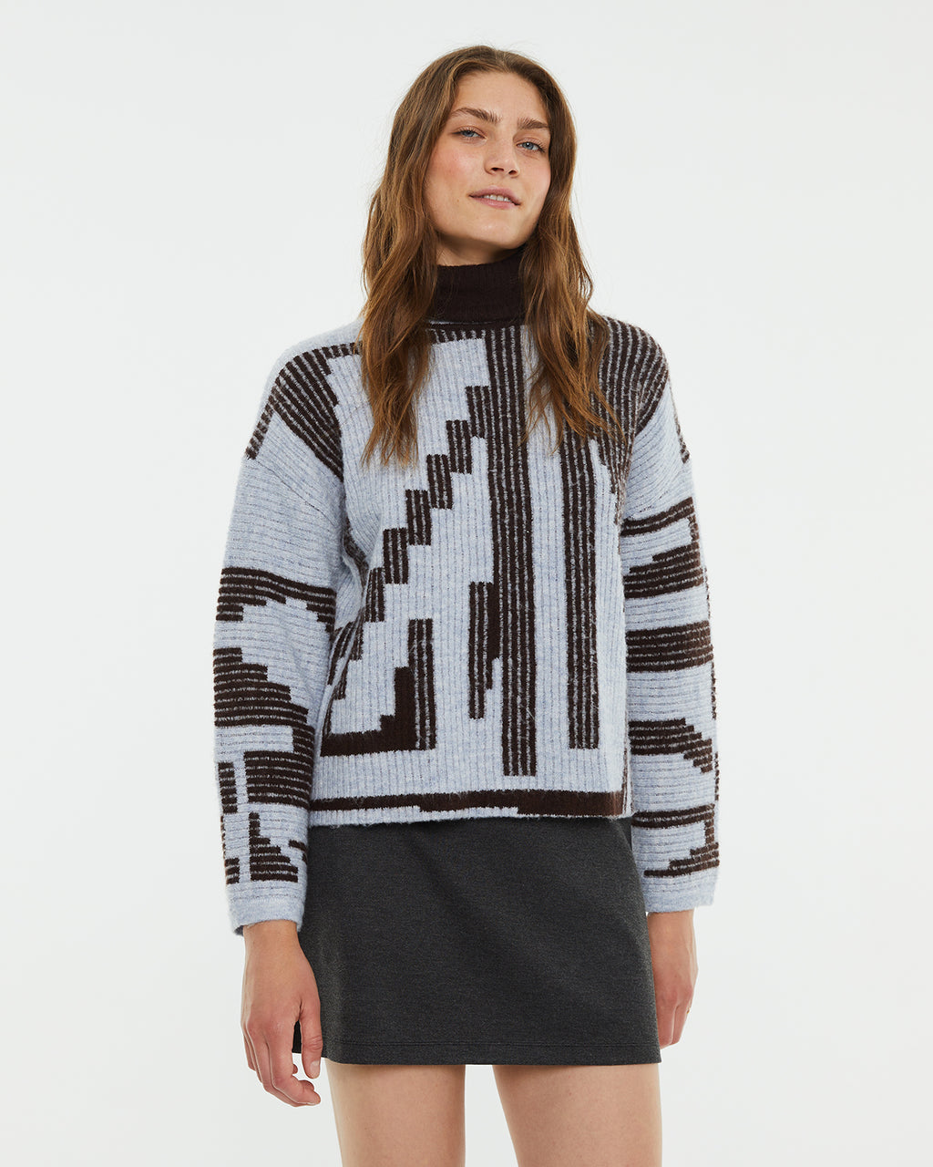 Reversible geometric jacquard turtleneck sweater