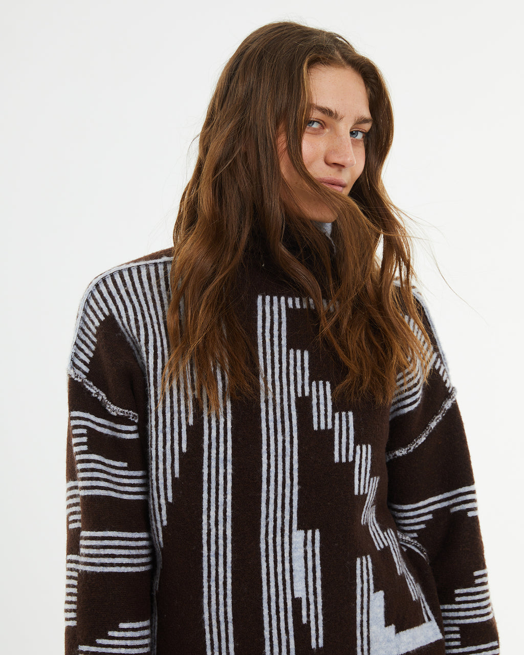 Reversible geometric jacquard turtleneck sweater