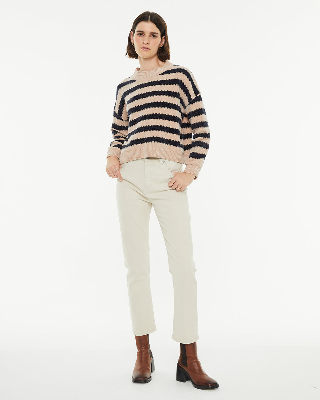 Striped velour round neck jersey