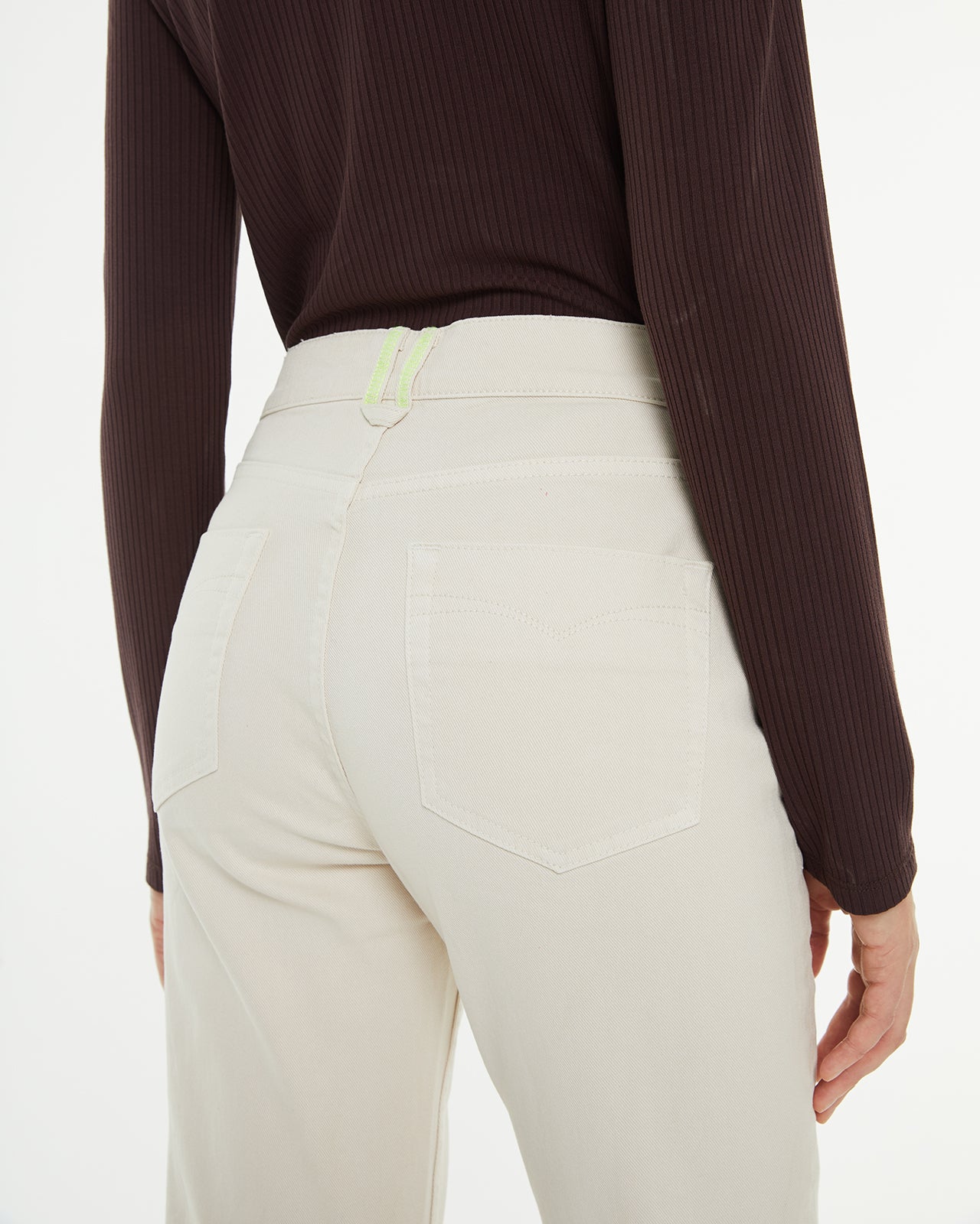 Cream-colored straight pants, mid-rise