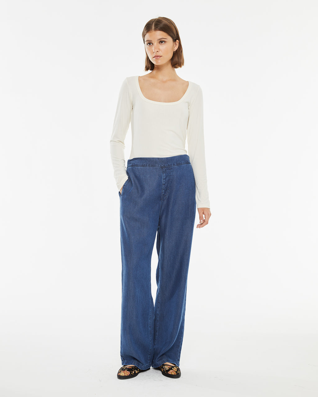 Denim effect trousers with elastic waistband