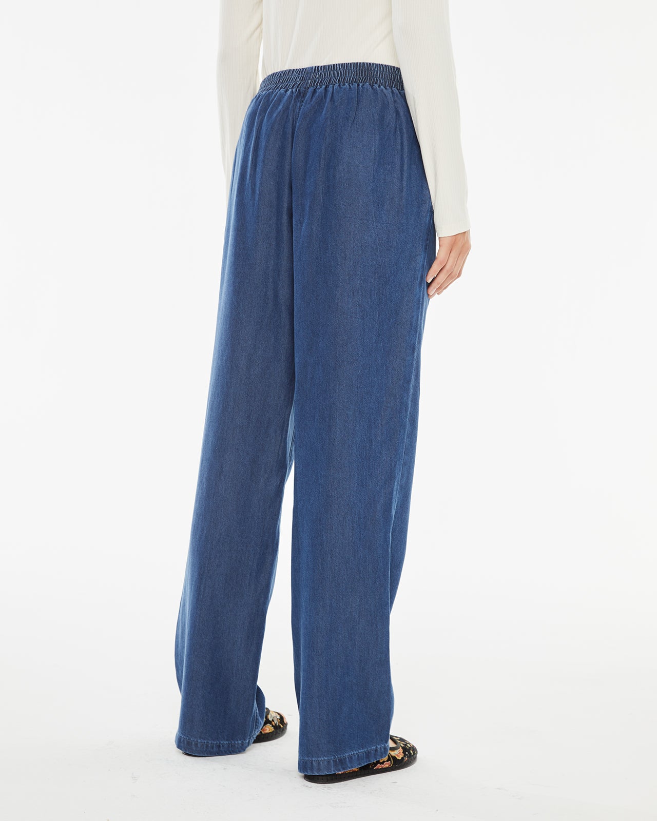 Denim effect trousers with elastic waistband