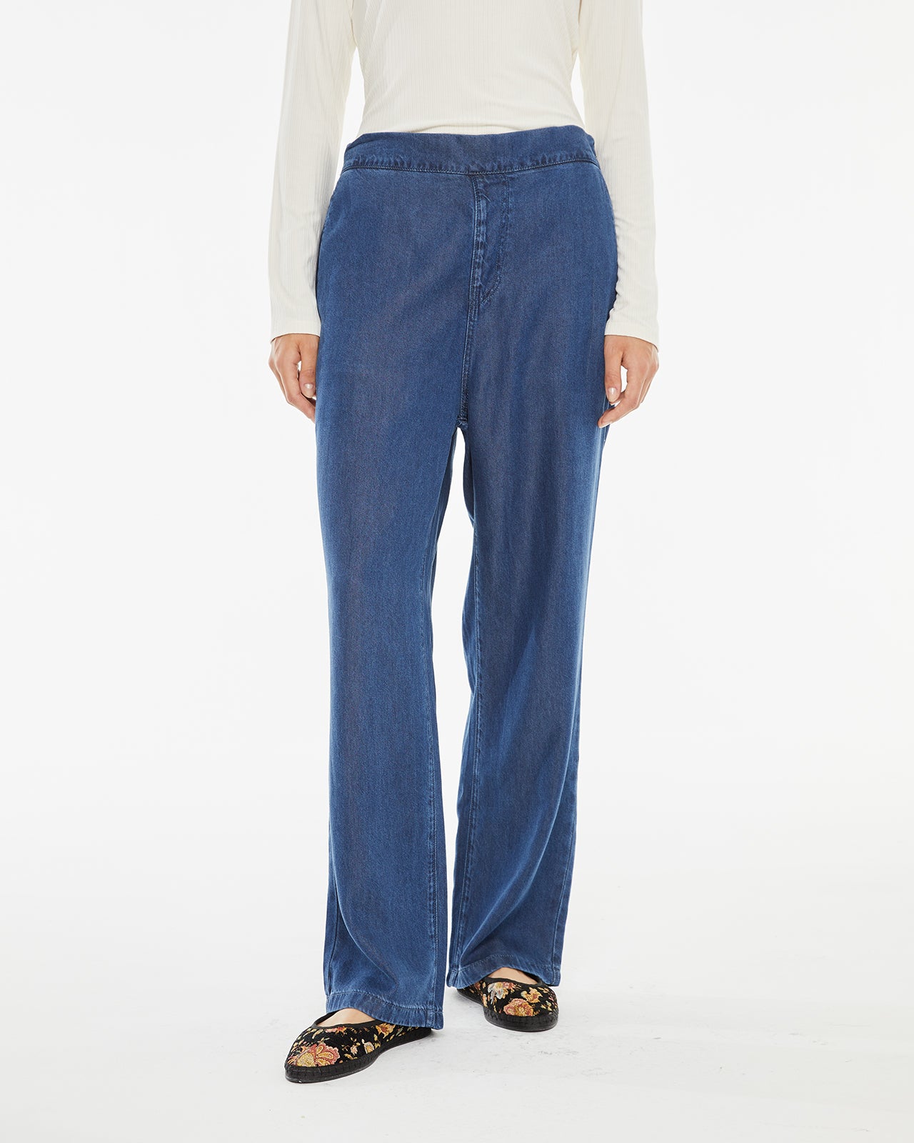 Denim effect trousers with elastic waistband