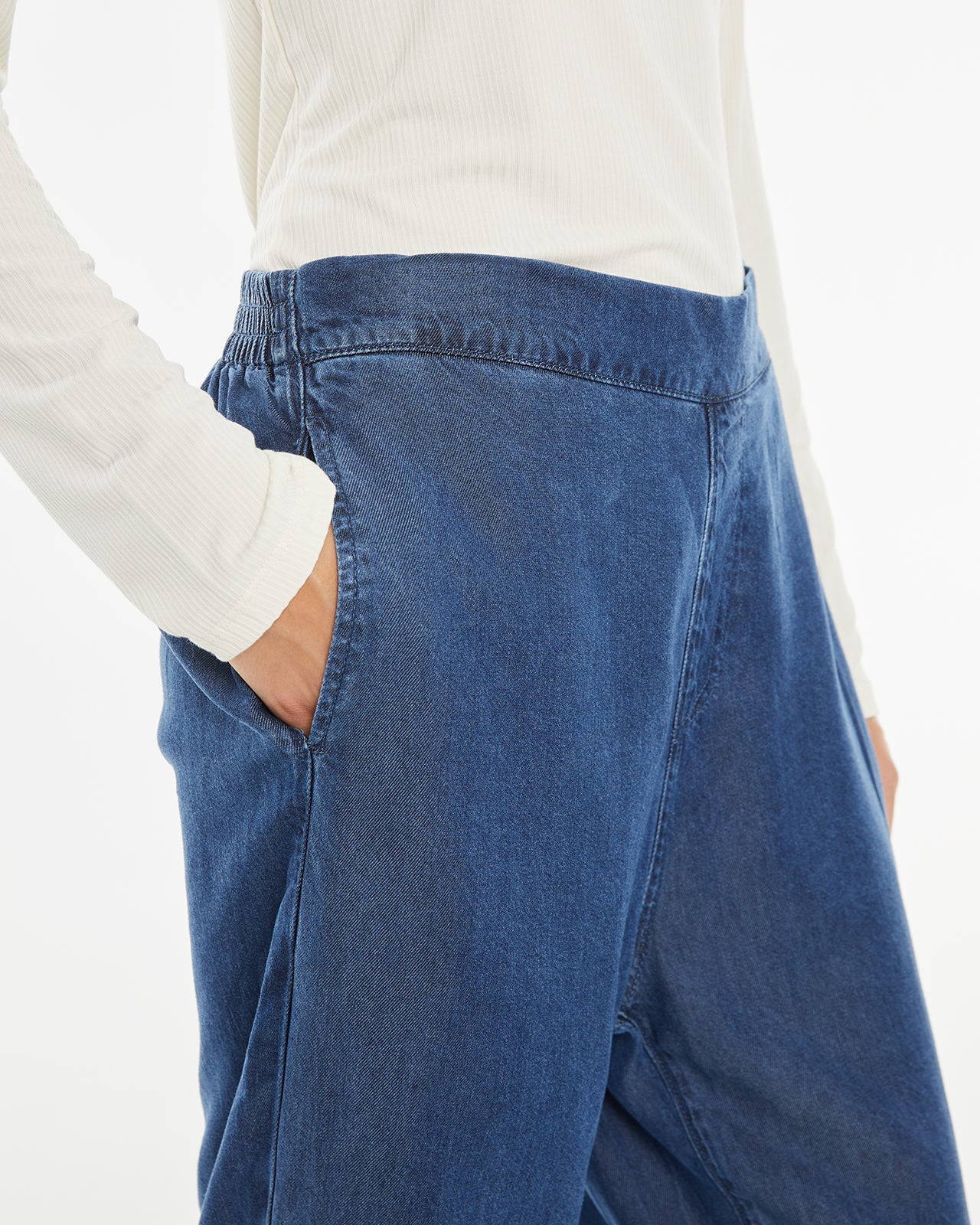 Denim effect trousers with elastic waistband