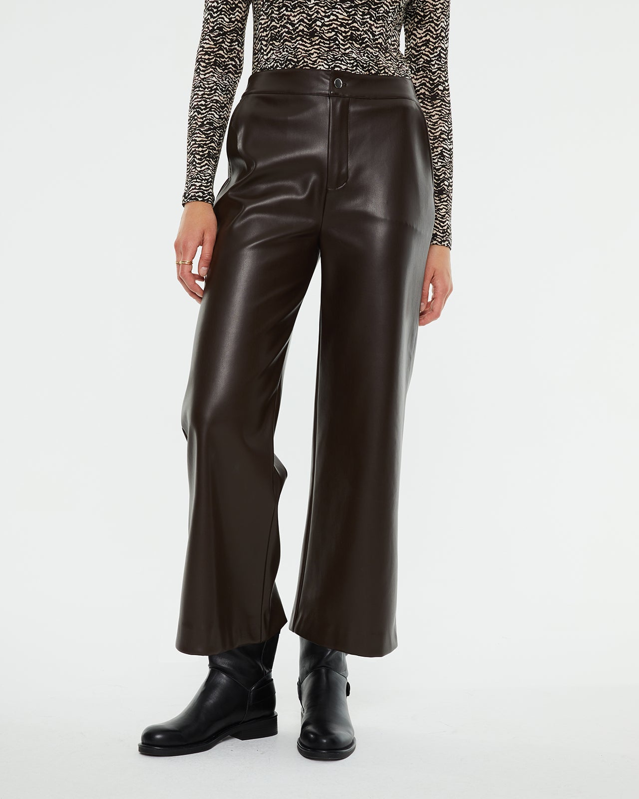 Brown straight leather effect trousers