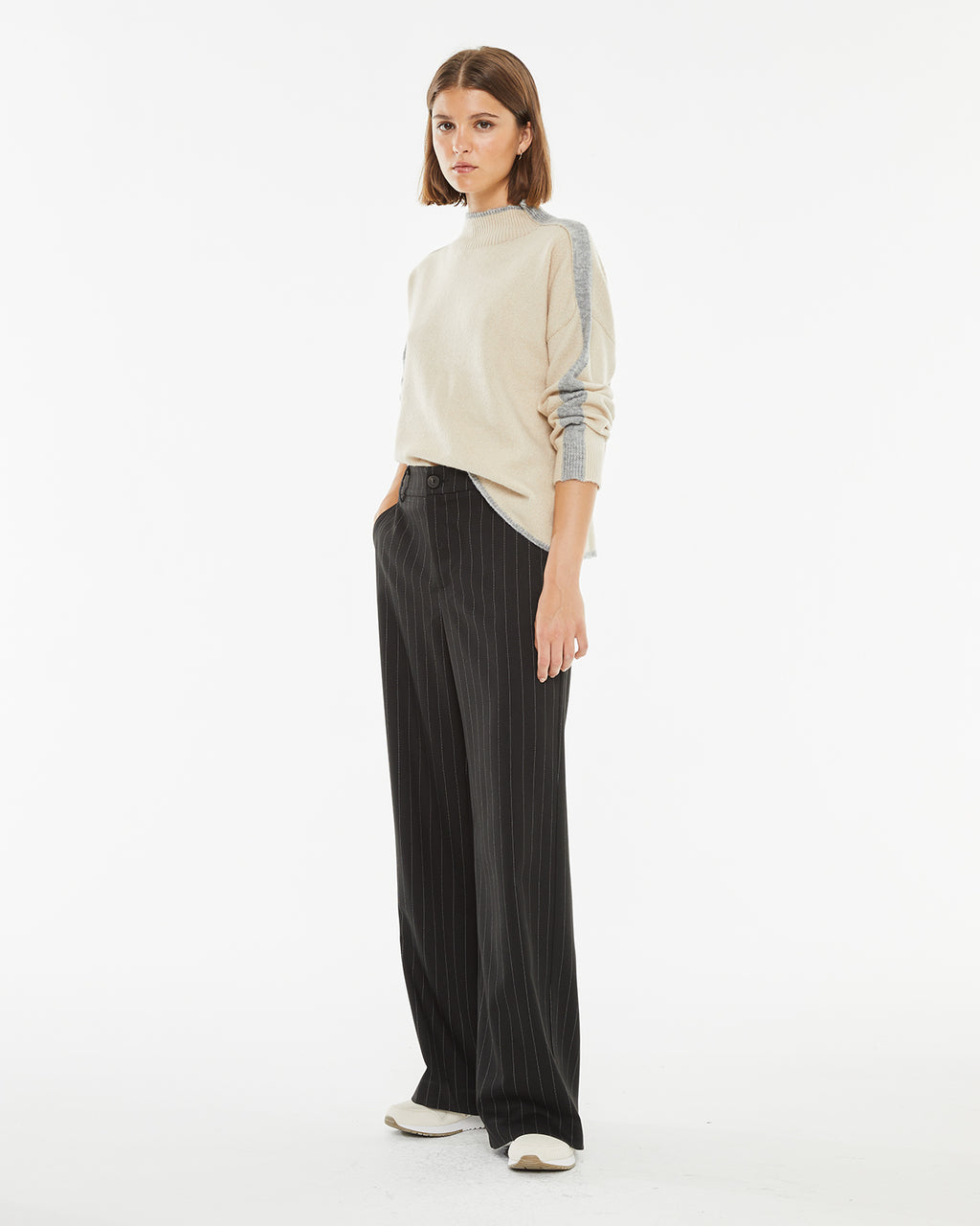 Long pinstripe trousers with belt loops at the waist