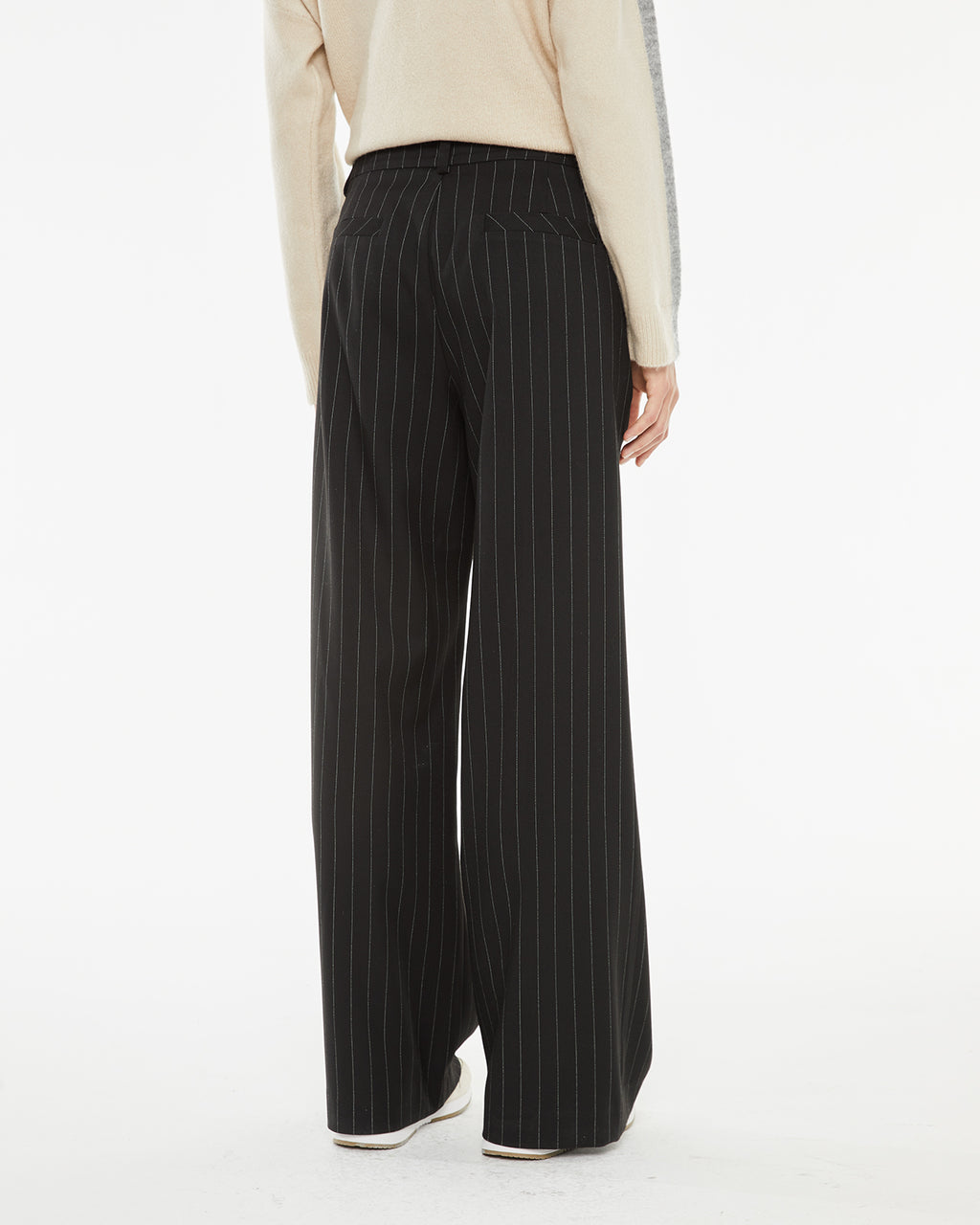 Long pinstripe trousers with belt loops at the waist