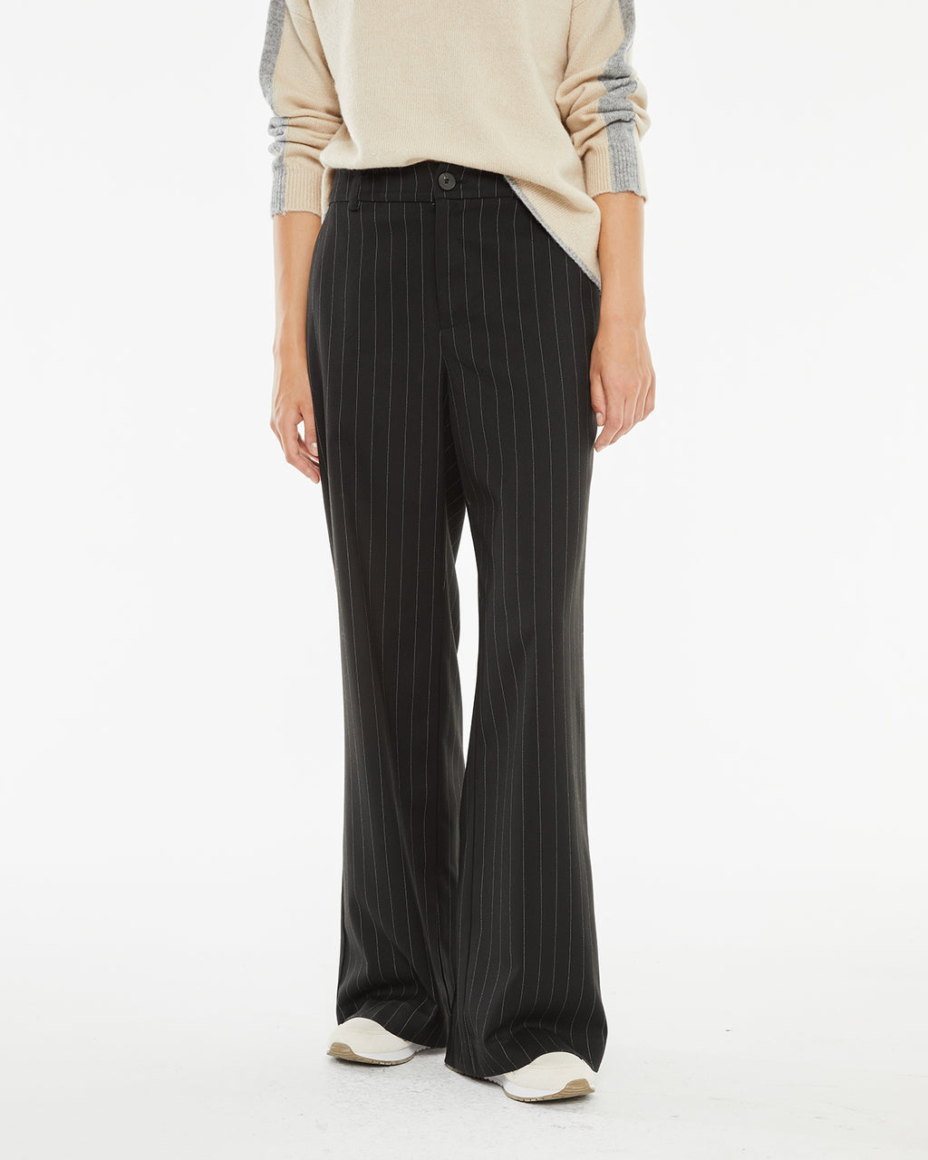 Long pinstripe trousers with belt loops at the waist