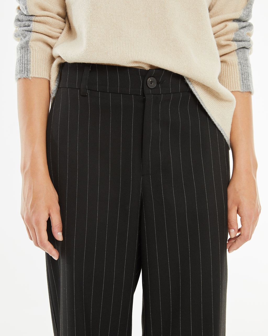 Long pinstripe trousers with belt loops at the waist