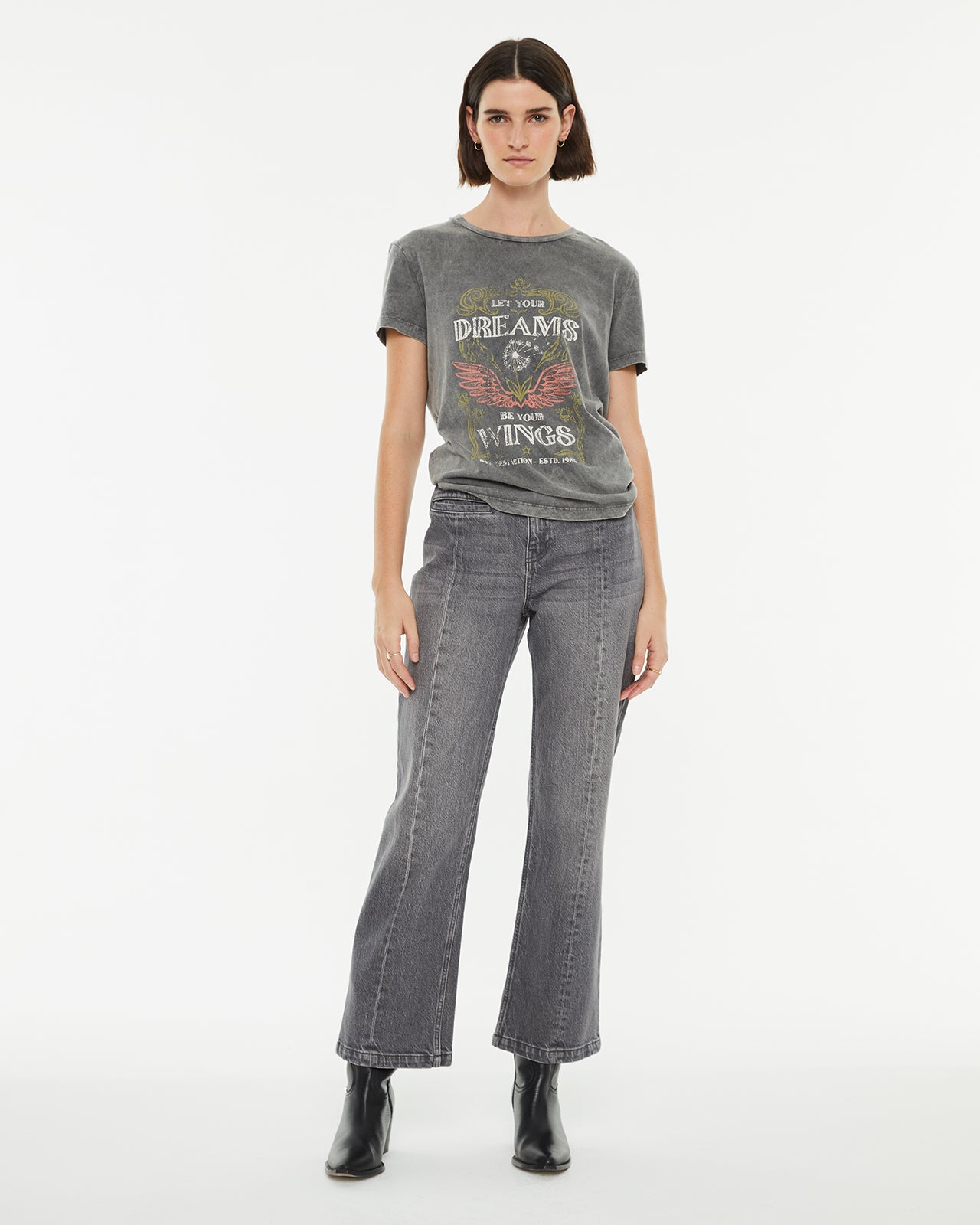 Gray flared denim pants with center leg seam detail