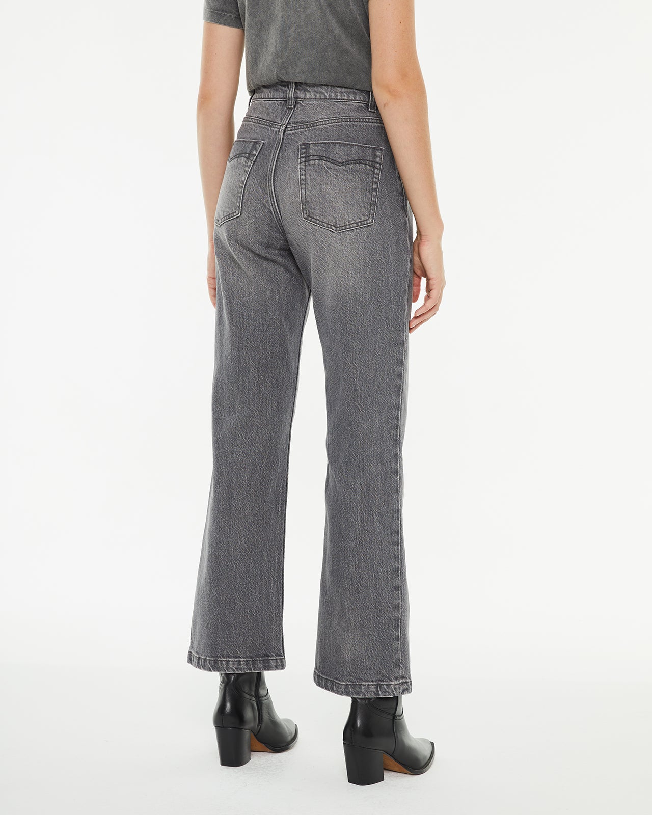 Gray flared denim pants with center leg seam detail