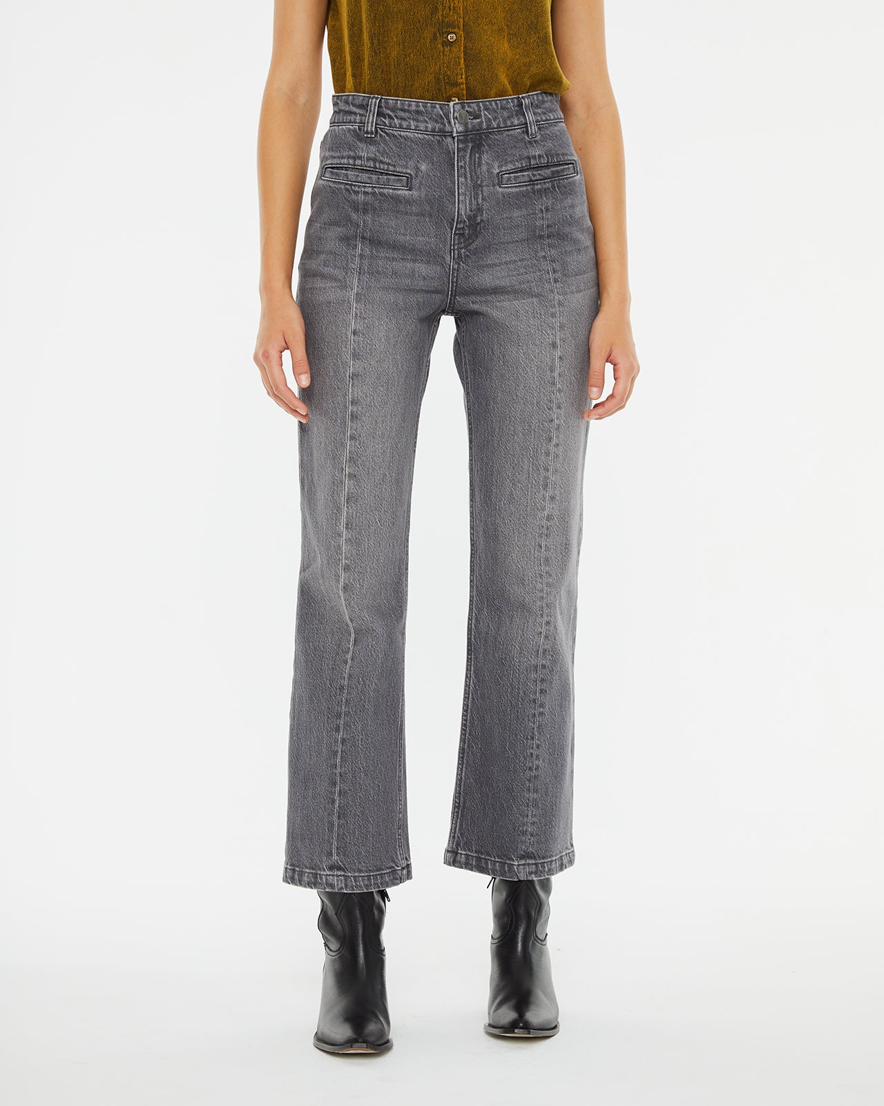 Gray flared denim pants with center leg seam detail