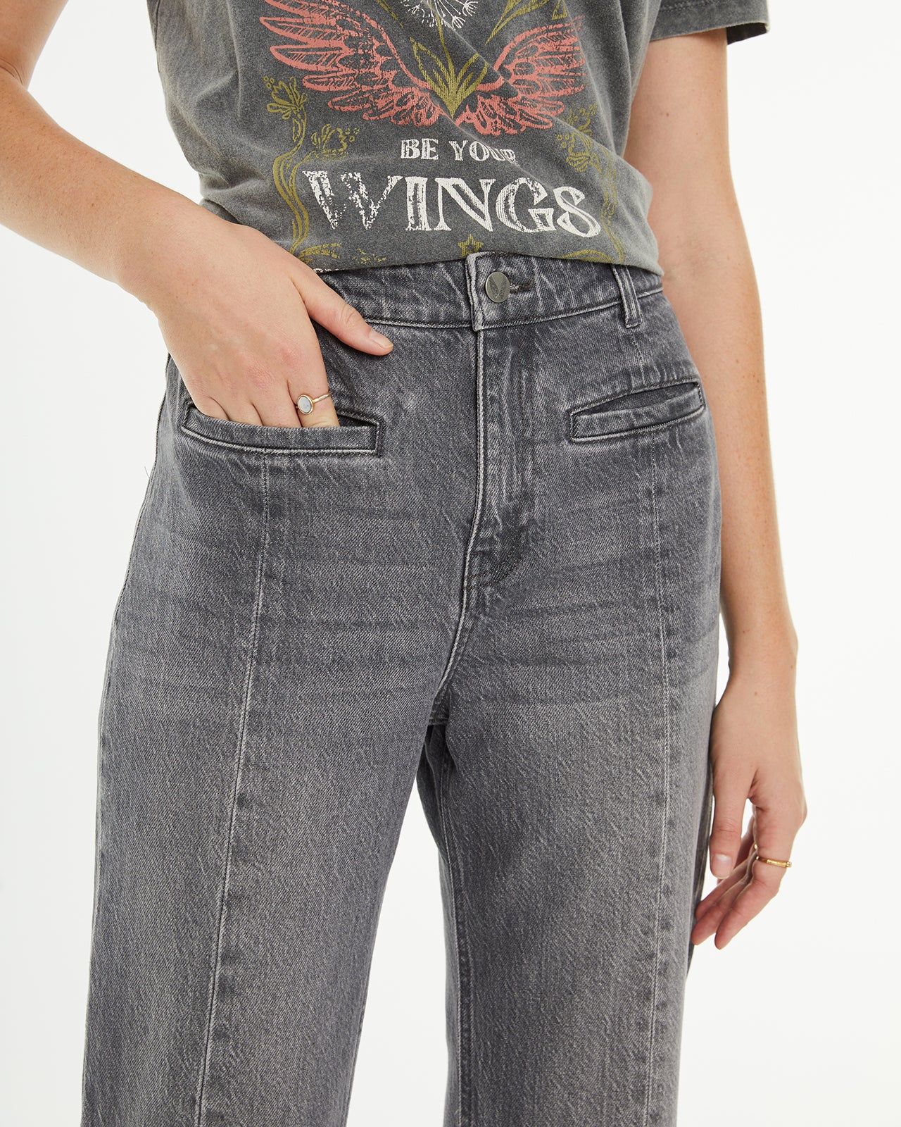 Gray flared denim pants with center leg seam detail