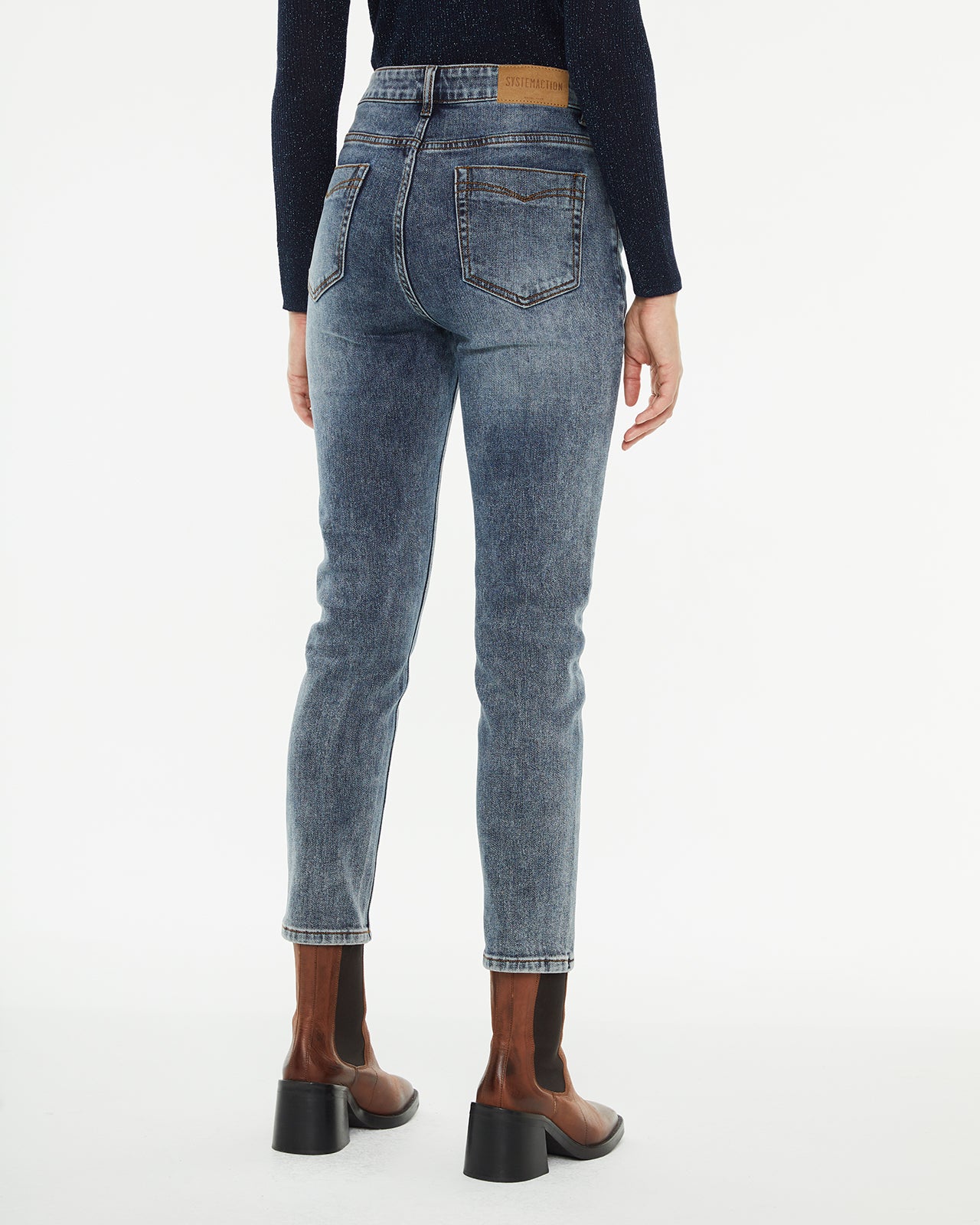 Slim fit mid-rise washed effect denim trousers